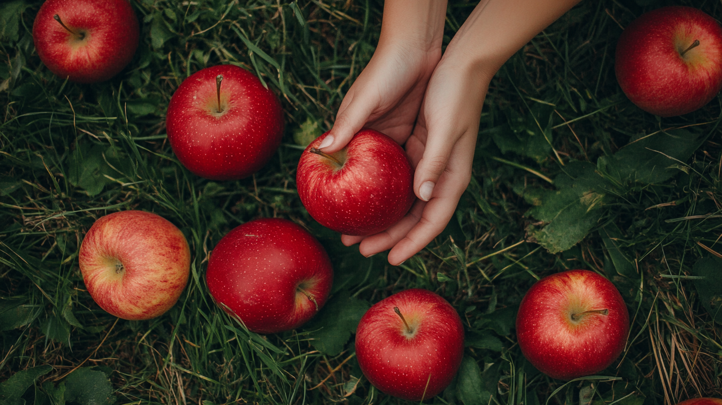 Hand greift nach einem roten Apfel auf einer Wiese mit mehreren verstreuten Äpfeln im Gras