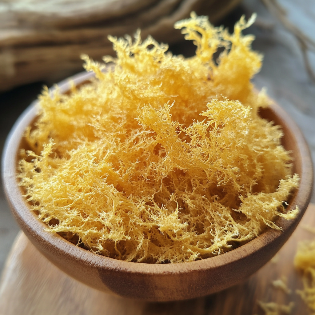 Schale mit getrocknetem Irish Moss auf Holzuntergrund.