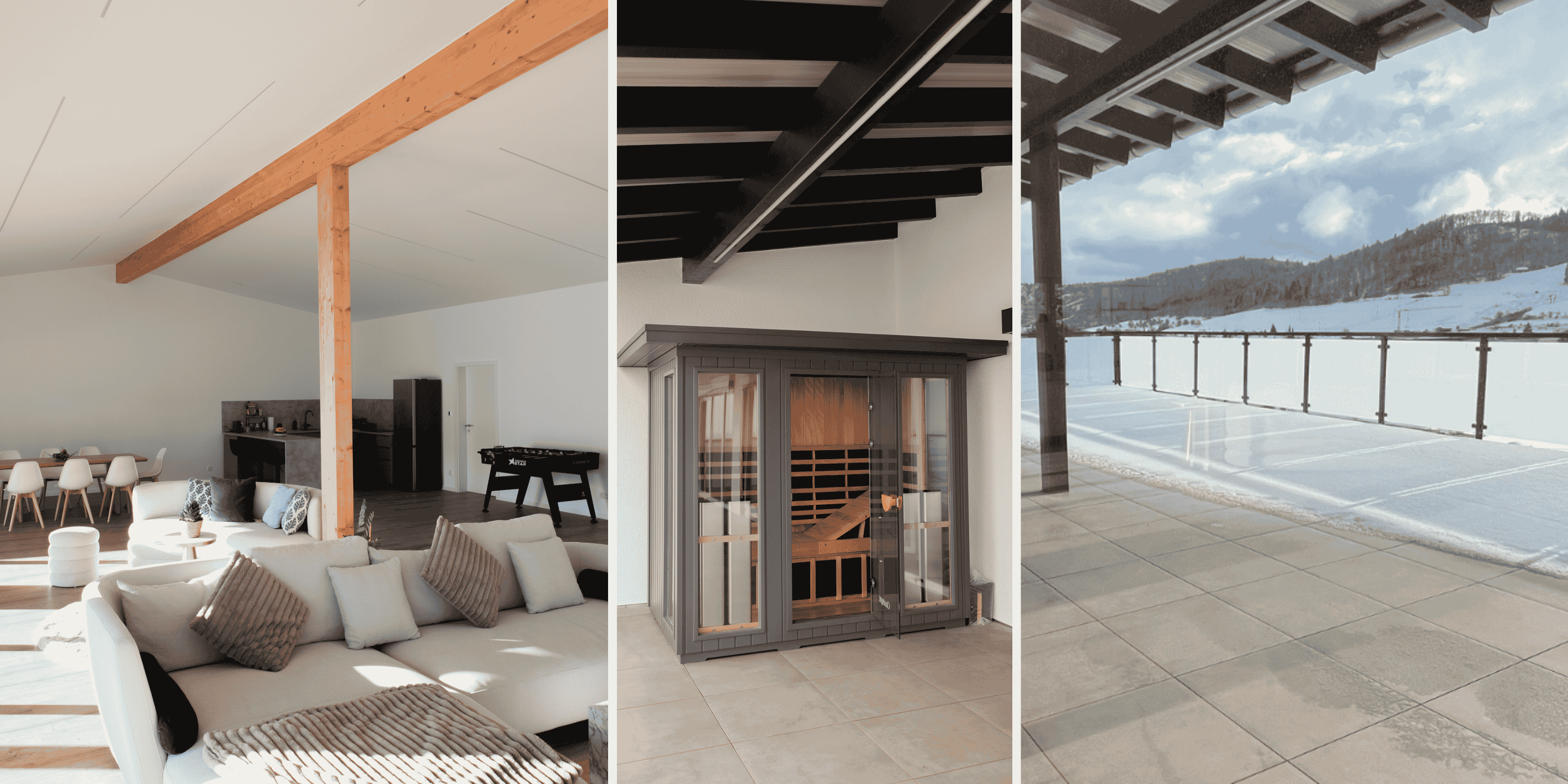 Drei Ansichten des Curl Bites Wellness Lofts: links der helle Wohnbereich mit Sofas, Kissen, Esstisch und offener Küche; in der Mitte eine Infrarot-Panoramasauna; rechts die große Dachterrasse mit Ausblick auf verschneite Berge.
