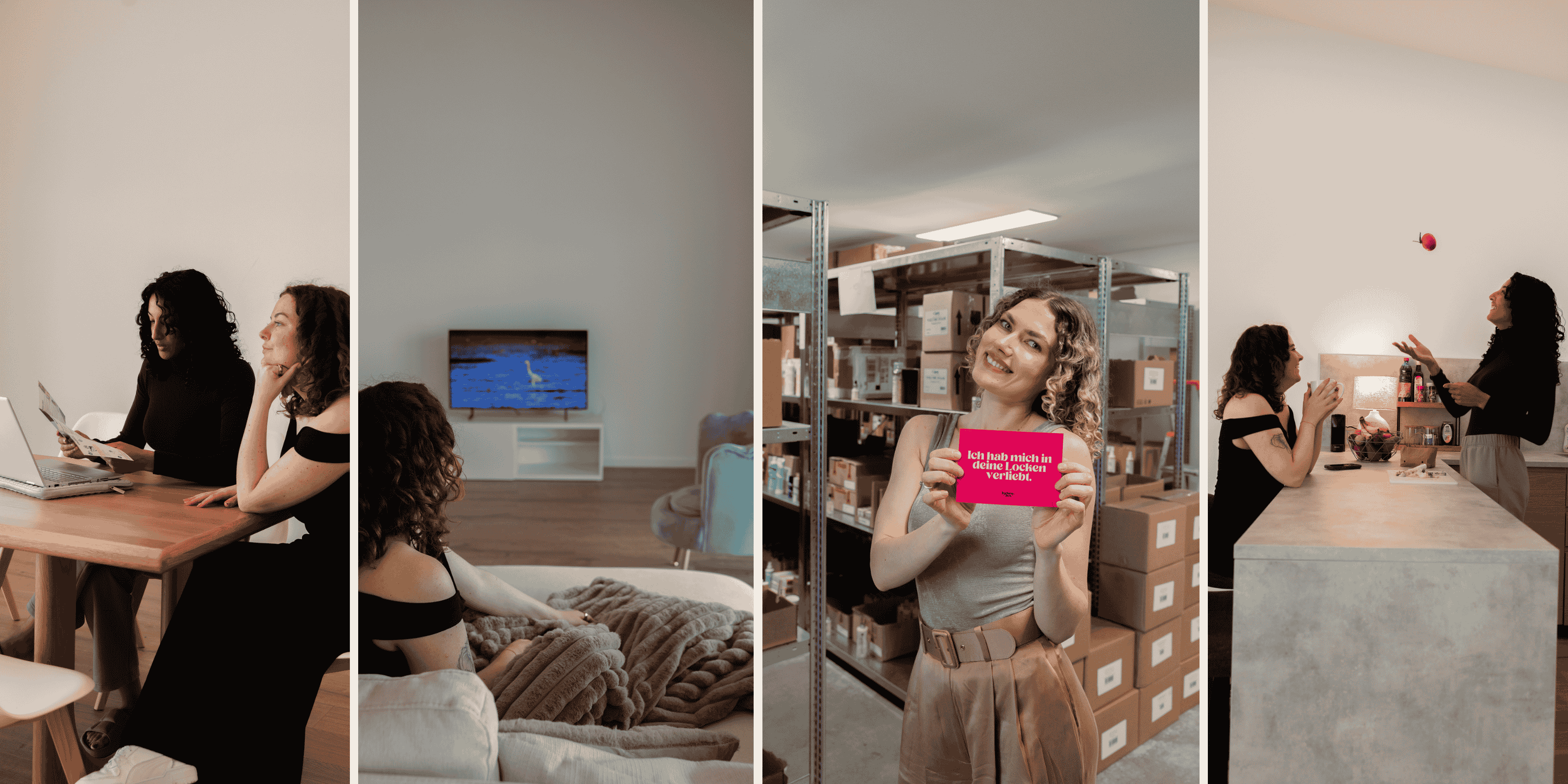 Vier Szenen im Curl Bites Loft und Headquarter: links zwei Frauen beim Arbeiten am Laptop, daneben eine Frau entspannt auf dem Sofa vor einem Fernseher, in der Mitte eine Frau im Lager mit einer pinken Lockenbox-Karte, rechts zwei Frauen in der Küche im Gespräch.