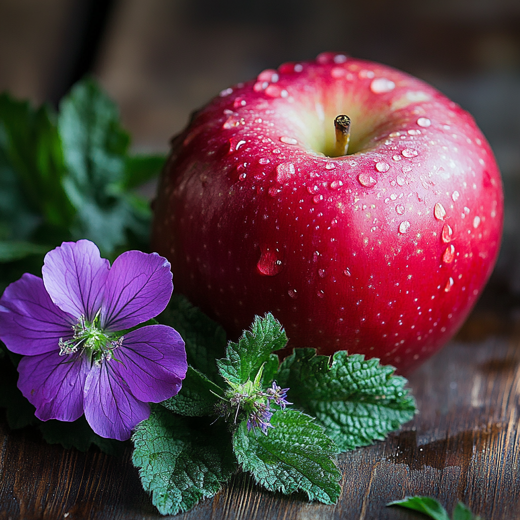 Das Bild zeigt einen roten Apfel, eine violette Malvenblüte und grüne Brennnesselblätter
