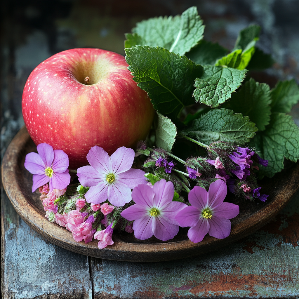 Ein Apfel und frische Kräuter wie Minze und Blüten auf einem rustikalen Holzteller – symbolisiert natürliche Inhaltsstoffe.